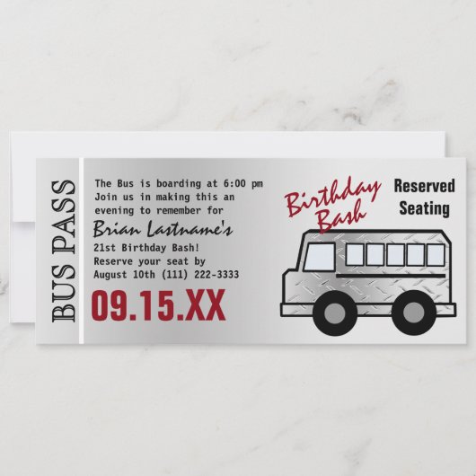 Invitation Steel Design 21e Anniversaire Party Bus Pass (Devant)