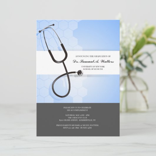 Invitation Stéthoscope Bleu Noir (Debout devant)