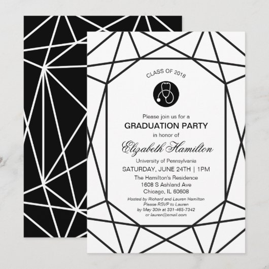 Invitation Stéthoscope École d'Infirmières Chic Noir & Blanc (Devant / Derrière)