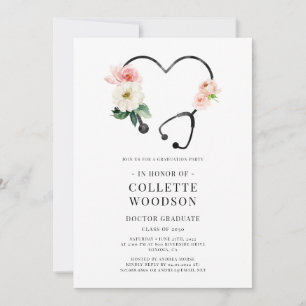 Invitation Stéthoscope Floral Aquarelle Doctorat de fin d'étu
