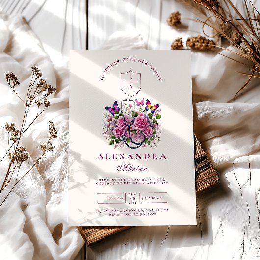Invitation Stéthoscope floral Papillon Infirmière Graduation