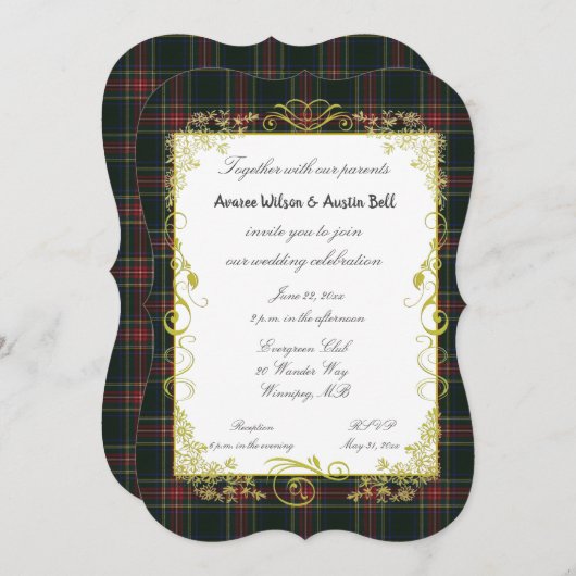 Invitation Stewart Black Moderne Tartan Avec Cadre Doré (Devant / Derrière)