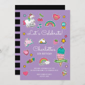 Invitation Sticker Emoji Violet Unicorn Girl Anniversaire (Devant / Derrière)