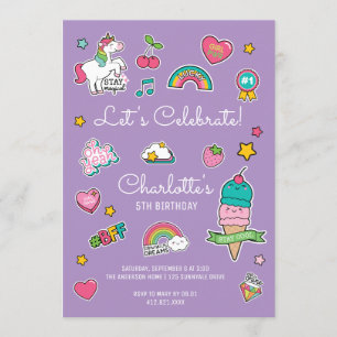 Invitation Sticker Emoji Violet Unicorn Girl Anniversaire