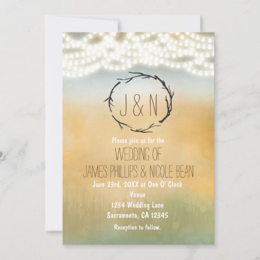 Invitation Sticks rustiques Wreath & Lights Wedding Invitatio (Devant)