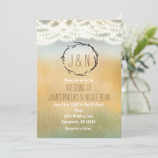 Invitation Sticks rustiques Wreath & Lights Wedding Invitatio (Debout devant)