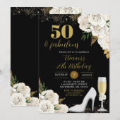 Invitation Stiletto blanc et or talons Floral Anniversaire (Devant / Derrière)