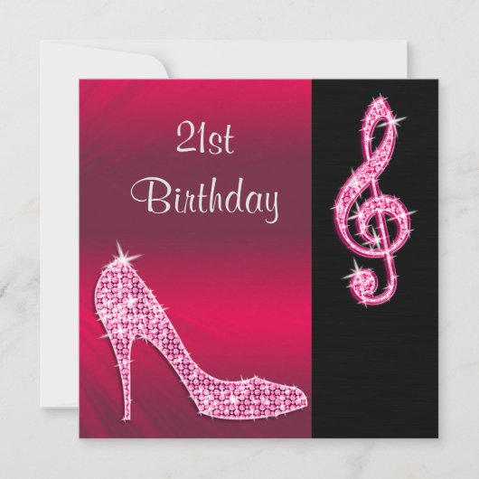 Invitation Stiletto rose et clé de sol 21e anniversaire (Devant)