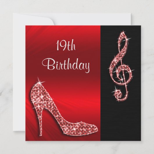 Invitation Stiletto Rouge & Clé de Sol 19e Anniversaire (Devant)