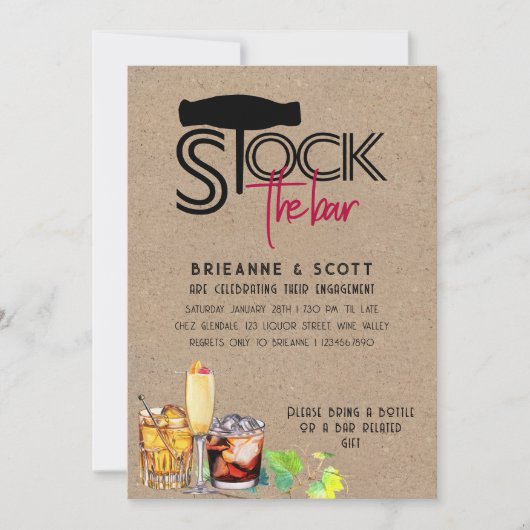 Invitation Stock Bar Rustic Champagne Liquor Fiançailles (Devant)