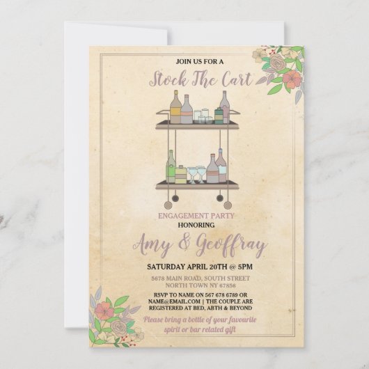 Invitation Stock Le Bar Cart Party Fiançailles Couple Vintage (Devant)
