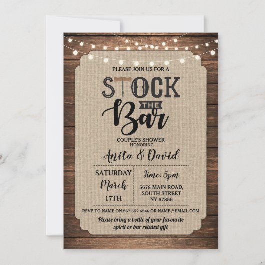 Invitation Stock Le Bar Fête de Couple Mariage Toile de Jute  (Devant)
