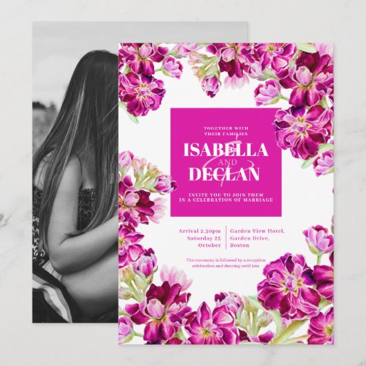 Invitation Stock rose foncé cadre à l'aquarelle mariage (Devant / Derrière)