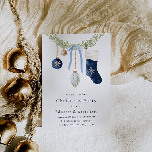 Invitation Stocking & Wreath Modern Blue Christmas Party