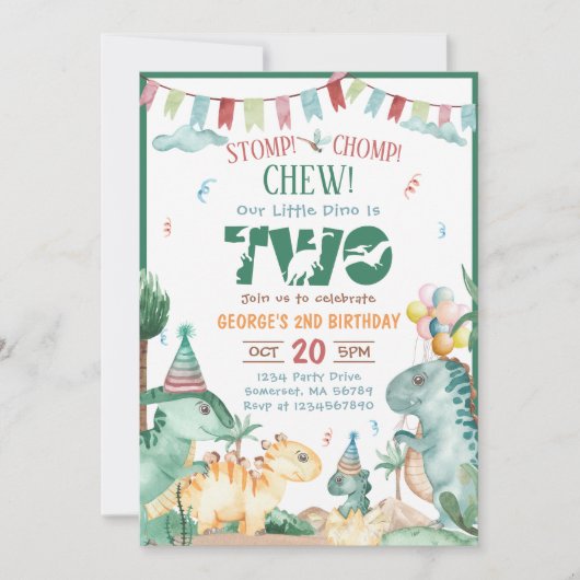 Invitation STOMP CHOMP ET CHEW Dinosaur 2e anniversaire (Devant)