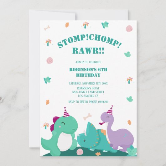 Invitation Stomp Chomp Rawr Cute Dinosaur Anniversaire (Devant)