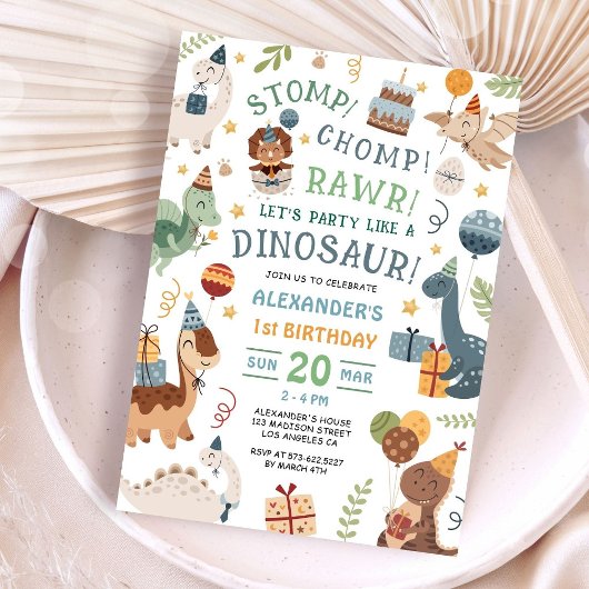Invitation Stomp Chomp Rawr Dinosaur 1st Birthday Party Boy