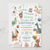 Invitation Stomp Chomp Rawr Dinosaur 1st Birthday Party Boy (Devant)