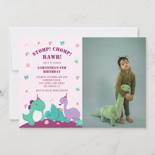 Invitation Stomp Chomp Rawr mignon Dinosaure rose Anniversair (Devant)