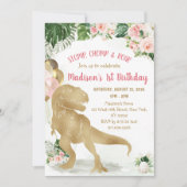 Invitation Stomp, Chomp, Road Dinosaur Gold Pink Birthday (Devant)