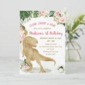 Invitation Stomp, Chomp, Road Dinosaur Gold Pink Birthday (Debout devant)