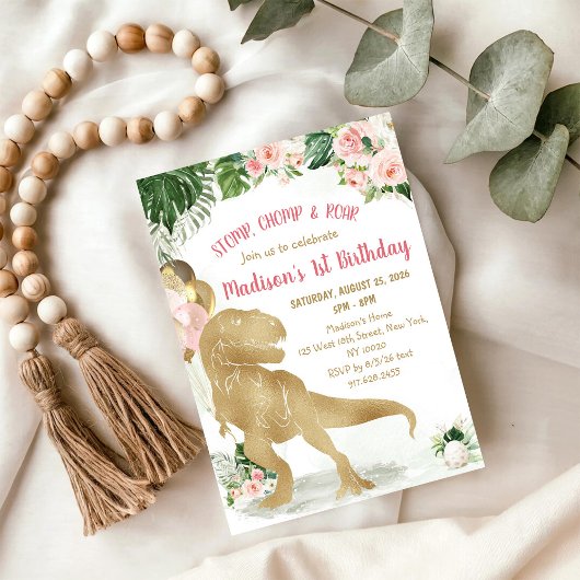 Invitation Stomp, Chomp, Road Dinosaur Gold Pink Birthday