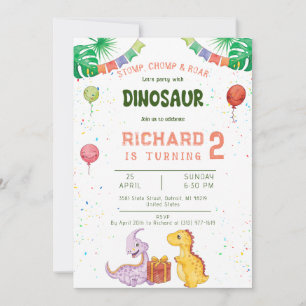 Invitation STOMP CHOMP ROAR coloré Dino fête d'anniversaire