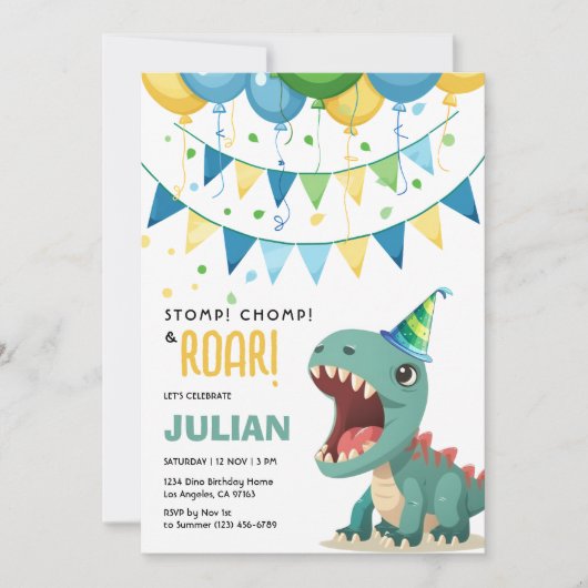 Invitation Stomp Chomp Roar Cute Tyrex Anniversaire (Devant)