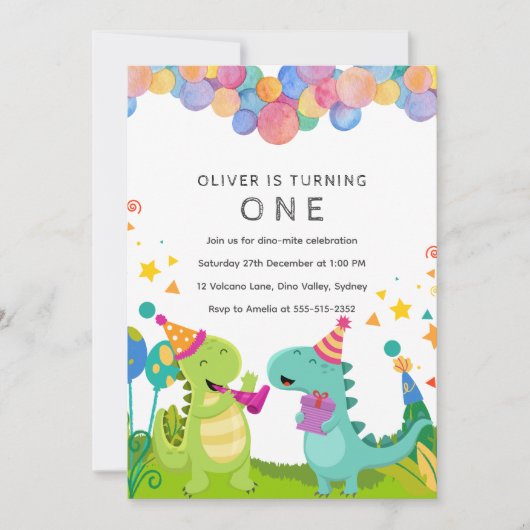 Invitation Stomp chomp Roar Dinosaur 1er anniversaire (Devant)