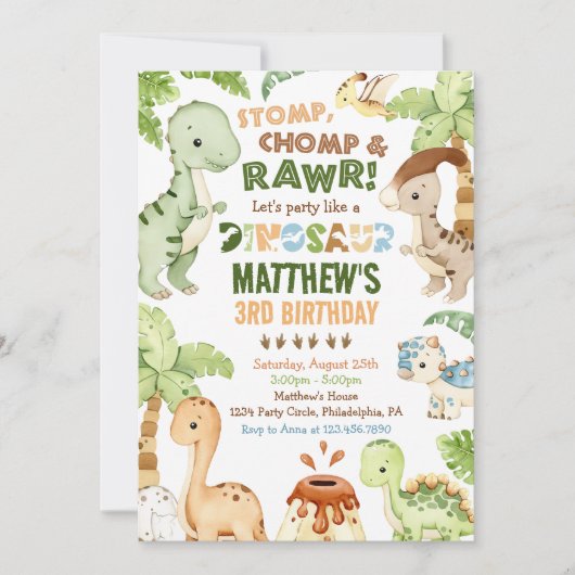 Invitation Stomp Chomp Roar Dinosaur 3e anniversaire (Devant)