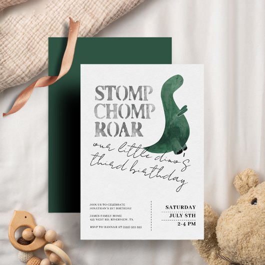 Invitation Stomp Chomp Roar Dinosaur 3e anniversaire de fête 