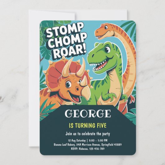 Invitation Stomp Chomp Roar | Fun Cute Dinosaurs 5th Birthday (Devant)
