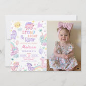 Invitation Stomp Chomp & Roar Pink Dinosaur Anniversaire Phot (Devant)