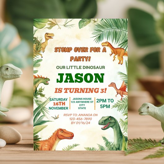 Invitation Stomp Over pour une fête garçons Dinosaur Annivers