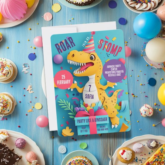 Invitation Stomp Roar Dinosaur Fille fête d'anniversaire