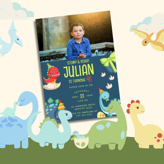 Invitation STOMP & ROAR Turner 4 Dinosaures Anniversaire