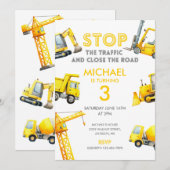 Invitation Stop The Traffic Construction Trucks Birthday (Devant / Derrière)