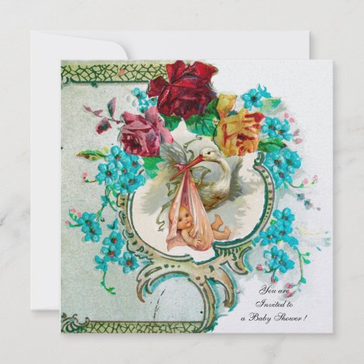 Invitation STORK BABY SHOWER 2 blanche glace métallique (Devant)