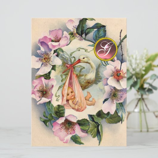 INVITATION STORK BABY SHOWER FILLE, ROSE ROSES SAUVAGE MONOGR (Debout devant)