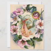 INVITATION STORK BABY SHOWER FILLE, ROSE ROSES SAUVAGE MONOGR (Devant)