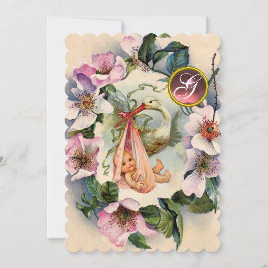 INVITATION STORK BABY SHOWER FILLE, ROSE ROSES SAUVAGE MONOGR (Devant)