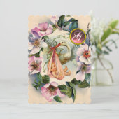 INVITATION STORK BABY SHOWER FILLE, ROSE ROSES SAUVAGE MONOGR (Debout devant)