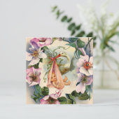 INVITATION STORK BABY SHOWER FILLE, ROSE ROSES SAUVAGE MONOGR (Debout devant)