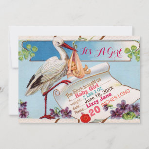 Invitation STORK, BABY SHOWER SHAMROCK GiRL STATS DE NAISSANC