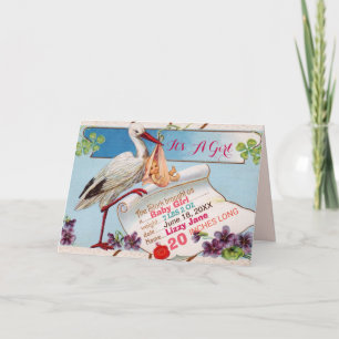 Invitation STORK, BABY SHOWER SHAMROCK GiRL STATS DE NAISSANC