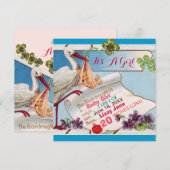 Invitation STORK, BABY SHOWER SHAMROCK GiRL STATS DE NAISSANC (Devant / Derrière)