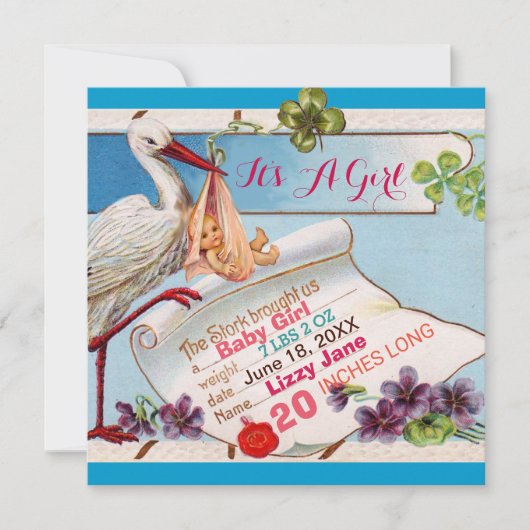 Invitation STORK, BABY SHOWER SHAMROCK GiRL STATS DE NAISSANC (Devant)