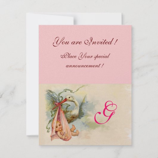 Invitation STORK BÉBÉ FILLE DOUCHE MONOGRAM Pearl Shimmer (Dos)