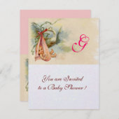 Invitation STORK BÉBÉ FILLE DOUCHE MONOGRAM Pearl Shimmer (Devant / Derrière)