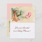 Invitation STORK BÉBÉ FILLE DOUCHE MONOGRAM rose (Devant / Derrière)